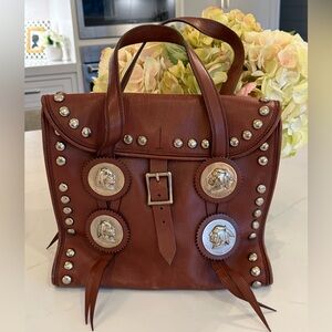 Vintage Kieselstein-Cord Leather Studded bag w/ silver Native American Medallion